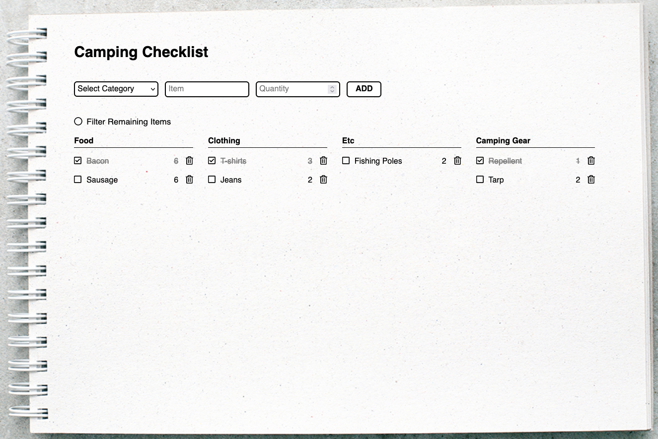 capture of the camping checklist app